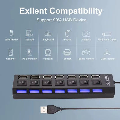Switch Extension Hub 7-Port USB2.0 Hub Computer USB Extension Hub One Drag Seven USB2.0 Splitter PC Laptop Desktop